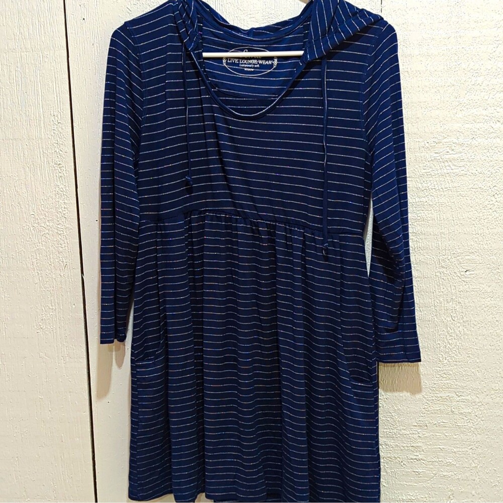 Soma Women’s Blue/White Striped Scoop Neck Hooded Tunic Dress Drawstring M